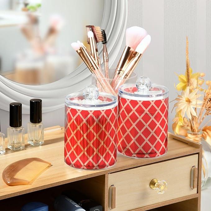 Tatenale Qtip Holder Bathroom Set Q tip Cotton Ball Swab Pad Dispenser Container Organizer Plastic Jars with Lids Storage 2Pack Red Square Rhombuses Mosaic Grid - ModernBath