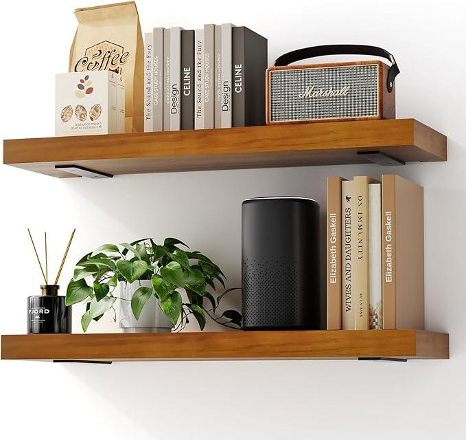 Solid Wood Floating Shelves 24'' Long, 8'' Deep Wall Mounted Shelves with Heavy Duty Brackets, Max Load 150 lbs, Wall Shelves for Bathroom Kitchen Living Room, 24 x 8 x 1.6 in, Walnut, Set of 2 - ModernBath