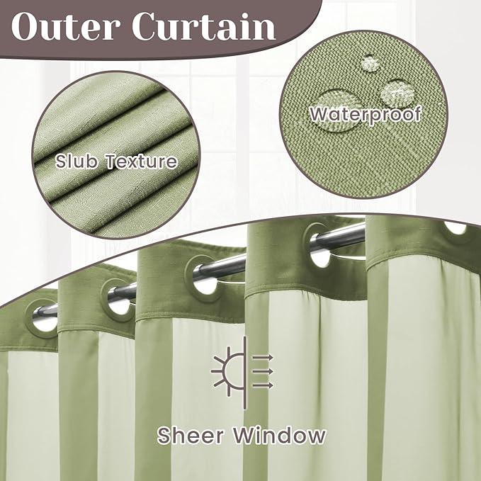 SORTTO No Hook Slub Textured Shower Curtain with Snap in Liner - Sage Green Fabric Outer Curtain & Waterproof Inner Liner, Hotel Style with See Through Top Window, 71x86 in - ModernBath