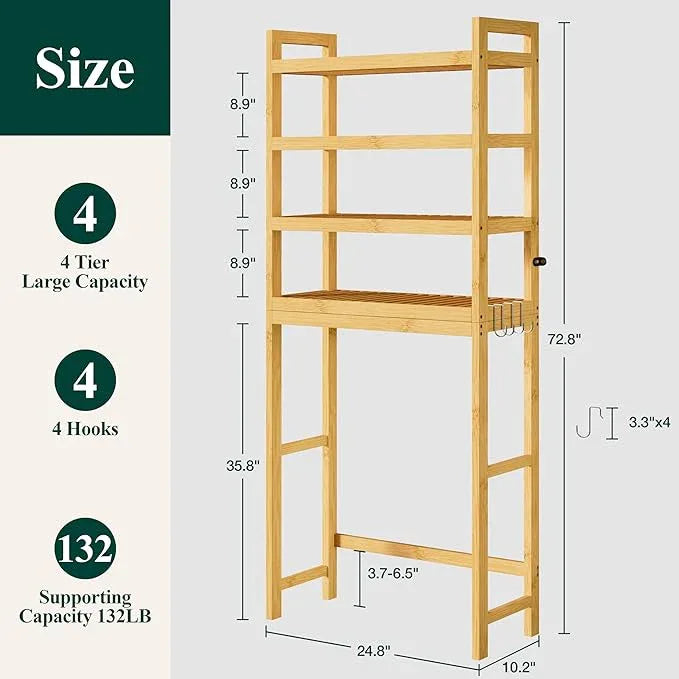 Smiry Over The Toilet Storage Cabinet, 4-Tier Bamboo Bathroom Organizers with Adjustable Shelf & 4 Hooks, Space Saving Shelf Rack for Bathrooms, Laundry Room, Balcony, Natural - ModernBath