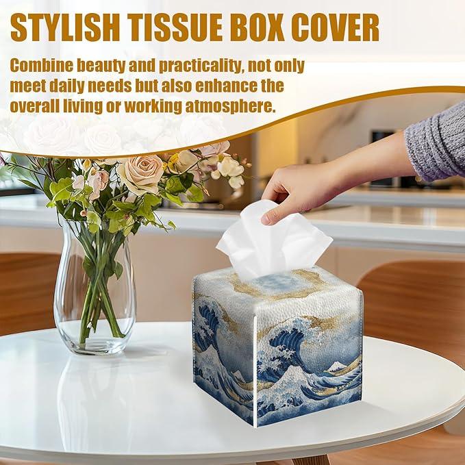 Art Great Wave Tissue Box Cover 2PCS, Leather Tissue Box Holder Square Facial Paper Case Tissue Box Cube Organizer for Bathroom Bedroom Desk Office - ModernBath