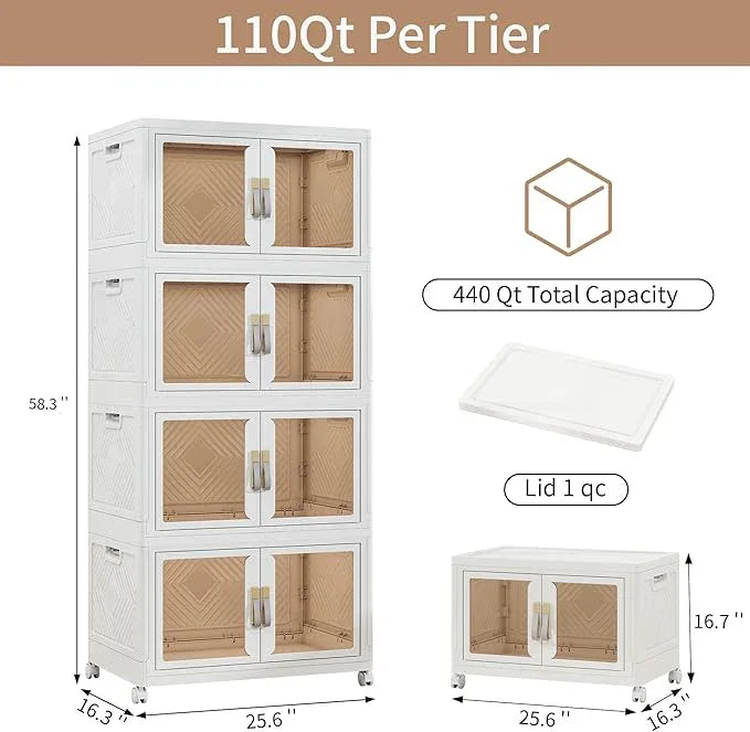 Large Stackable Storage Bins with Lids, 440QT-110QT*4Tier Foldable Cabinet for Closet Organizers, Plastic Storage Containers Box with Wheels - ModernBath