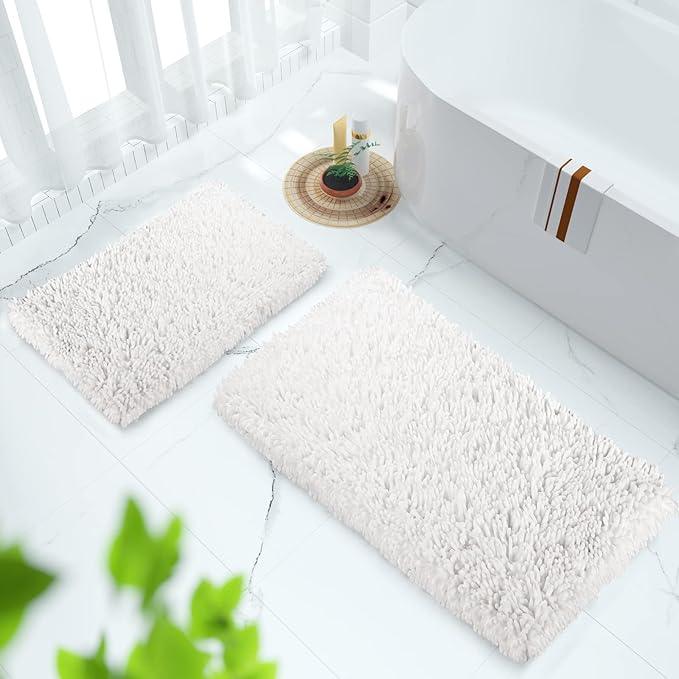 Yimobra Bathroom Rug Set 2 Piece, Luxury Shaggy Bath Mat Set with Non Slip Backing, Ultra Soft & Absorbent Mats for Bathroom Floor, Machine Washable, 44"x24"+24"x17", White - ModernBath