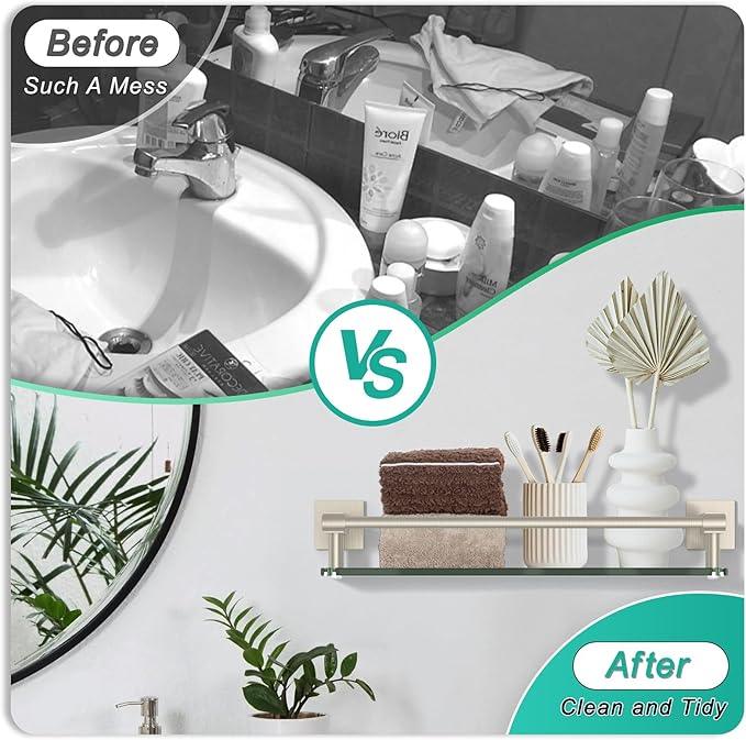 Glass Shelves for Bathroom, 16IN Brushed Nickel Bathroom Shelves for Wall Rectangular Stainless Steel Tempered Glass Modern use for Shelf Sink Over Toilet - ModernBath