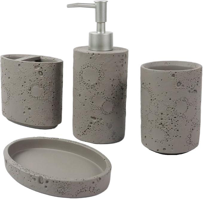 Hymmah Meteorites Bathroom Accessories Set,Farmhouse Bathroom Decor,4 Pcs Resin Gift Set Apartment Necessities, Contain Cotton Swab Jar,Soap Dispenser,Tumbler，Soap Dish/Tray - ModernBath