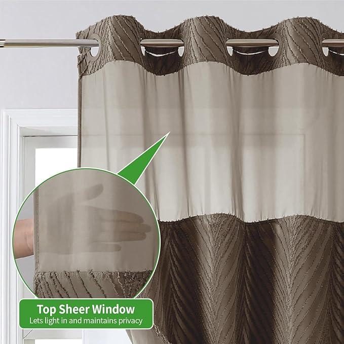 eachope no Hook Shower Curtain and Liner Set，Boho Style with See Through Top Window, Brown Fabric Tufted Striped Textured Outer Curtain & Waterproof Inner Liner, Brown, 71Wx86H - ModernBath