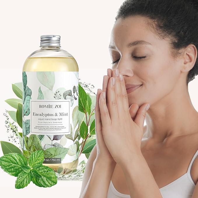 ROMIIE ZOI Eucalyptus & Mint Liquid Hand Soap Refill, Gentle & Moisturizing Formula, Natural Cruelty-Free Soap, Large 750 ML Bottles Bulk for Kitchen, Bathroom, and Dispensers (26 FL OZ, Pack of 3) - ModernBath