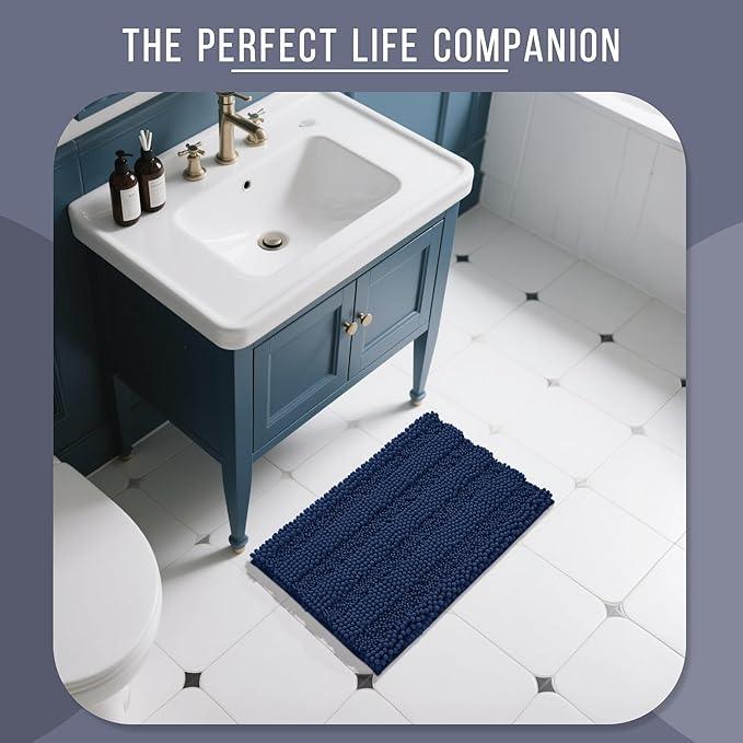 Yimobra Navy Blue Bathroom Rug Mat, Non Slip Quick Dry Bath Mats, Extra Thick and Super Absorbent Bath Rugs, Luxury Microfiber Chenille Plush Fluffy Washable Soft Shower Carpet for Floor, 24" x 17" - ModernBath