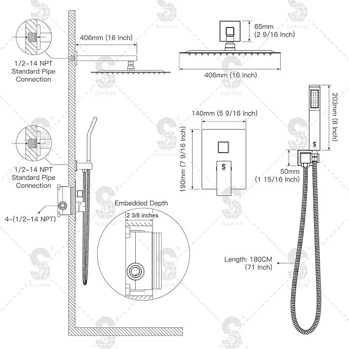 SR SUN RISE Matte Black Square Rainfall Shower Head and Handle Set, Wall Mounted Shower Fixtures, Metal Shower Faucet Trim Repair Kits (With Shower Valve) 16 Inches - ModernBath