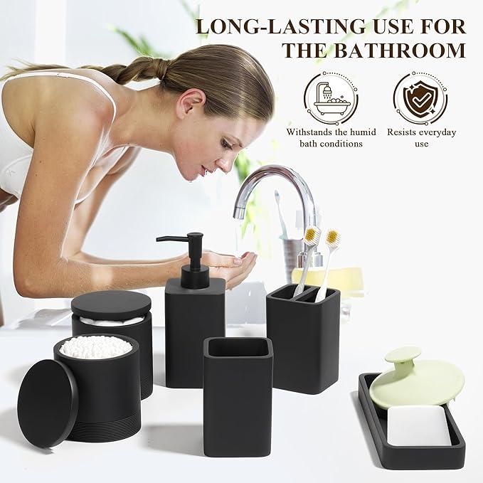 YMXYJM Bathroom Accessories Set, 6 Piece Bathroom Set with Toothbrush Holders, Soap Dispenser, Vanity Tray, Tumbler, Cotton Swab Jars, Bathroom Organizer，Bathroom Sink Sets, Matte Black - ModernBath