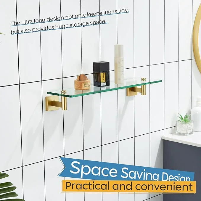KOKOSIRI Wall Shelves Floating Shelf 20-Inch Stainless Steel Bathroom Hardware Tempered Glass Kitchen Hanging for Storage/Room Decor Gold B1105BG-L20 - ModernBath