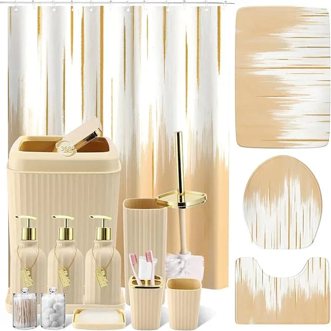 WSBArt 32PCS Bathroom Sets with Shower Curtain and Rugs-Beige Bathroom Accessories,Non Slip Bathroom Rugs Set with Toilet Lid Cover, Waterproof Shower Curtain, 3PC Soap Dispenser with Trash Can - ModernBath