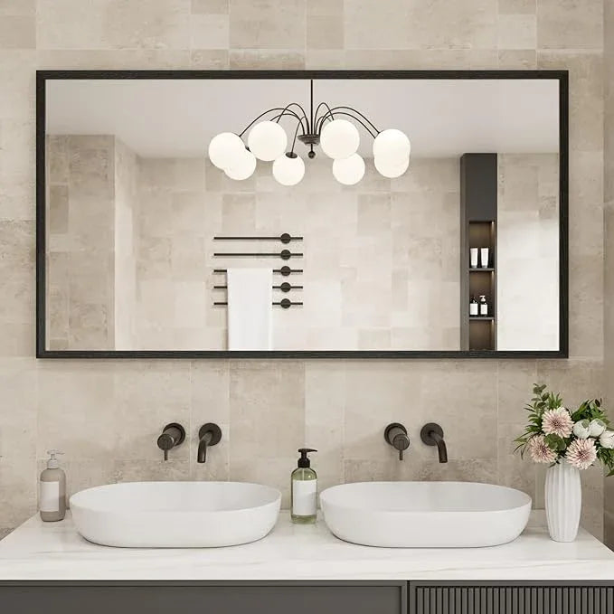 JISOSO Rectangle Bathroom Mirror 55x30 Inch, Matte Black Framed, 4MM Tempered Glass, Anti-Rust, Wall-Mount Vanity Mirror for Bathroom & Bedroom, Hangs Horizontally or Vertically - ModernBath