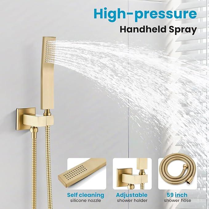 gotonovo Rainfall Bathroom Shower System Rain Shower Head and Handle Set Wall Mounted Shower Complete Combo Solid Brass Pressure Balancing Shower Mixer Valve 12 Inch Brushed Gold - ModernBath