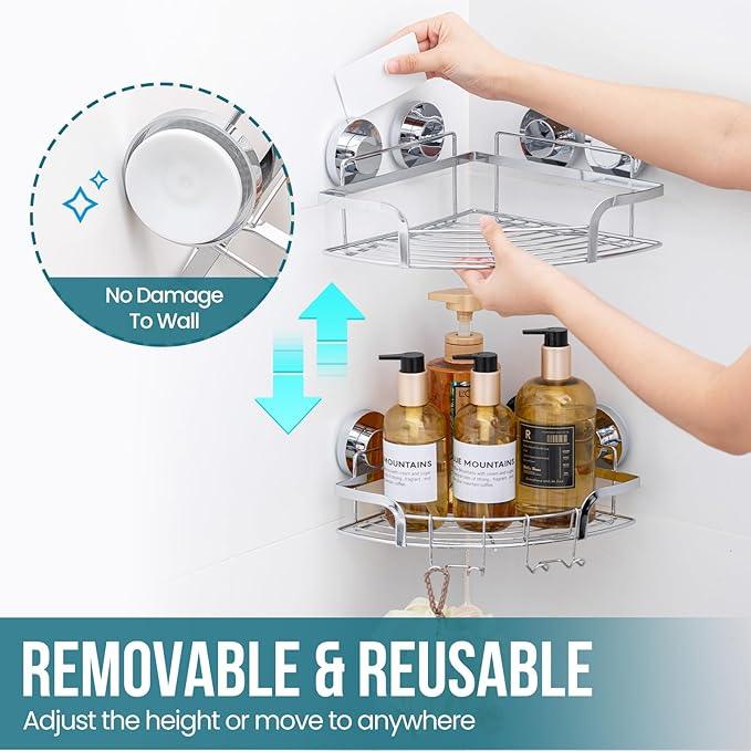 TAILI 2 Pack Powerful Suction Cup Corner Shower Caddy, Stainless Steel Rustproof Shower Shelf with Hook, Drill-Free Wall Mounted Basket, Large Capacity Removable Suction Cup Bathroom Organizer, Silver - ModernBath