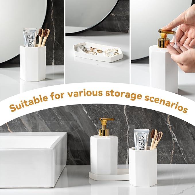 Ceramic Bathroom Accessories Complete with Soap Dispenser, Toothbrush Holder, Bathroom Tumbler, and Vanity Tray - Modern Bathroom Decor,3PCS (Gold) - ModernBath
