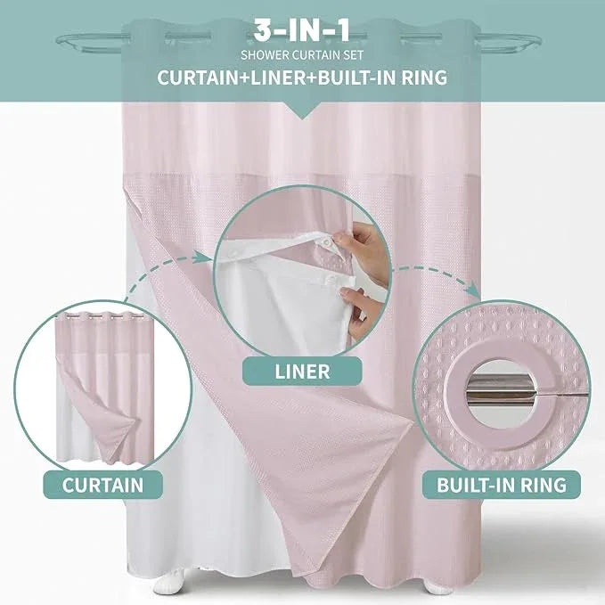 eachope BlushPink No Hook Waffle Weave Shower Curtain with snap-in Liner Replacement, 230GSM Waterproof Fabric Hotel Shower Curtain Set for Bathroom, Through Mesh Top Window,71Wx74H - ModernBath