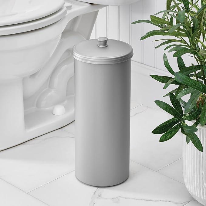 iDesign Freestanding Bathroom Toilet Paper Storage Holder with Lid for 3 Extra Rolls, Silver - ModernBath