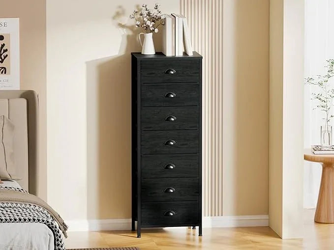 Furnulem Bedroom Dresser, Tall Chests of Drawers with 7 Fabric Bins, Black Organizer in Closet, Dorm, Living Room, Nursery, Hallyway-Storage Tower Unit, Sturdy Steel Frame - ModernBath