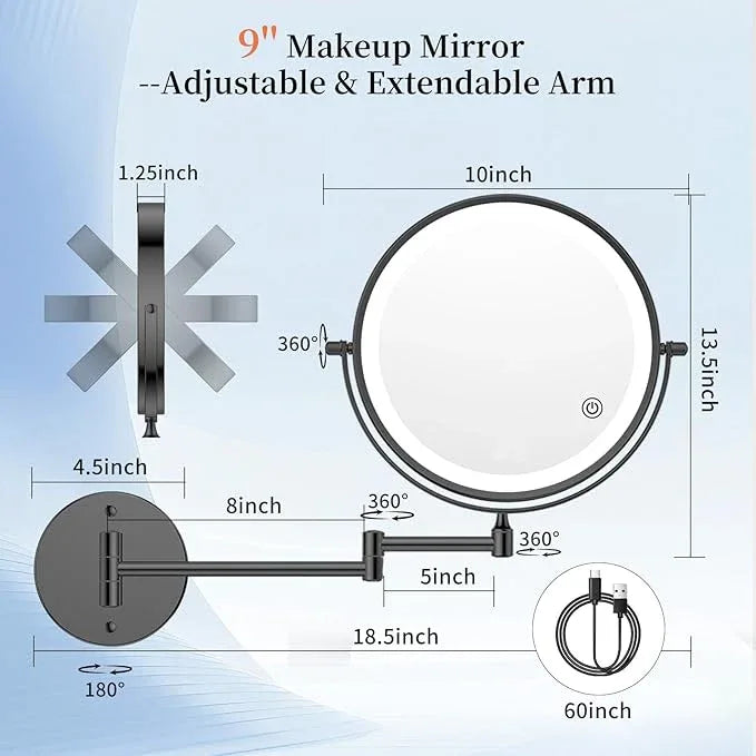 FUNTOUCH 9" 30X/1X Wall Mounted Lighted Makeup Mirror, 5000mAh Rechargeable Double Sided Magnifying Mirror with Adapter, 3 Color Lights,Touch Dimmable, 360 Rotation Extended Arm for Bathroom,Black - ModernBath