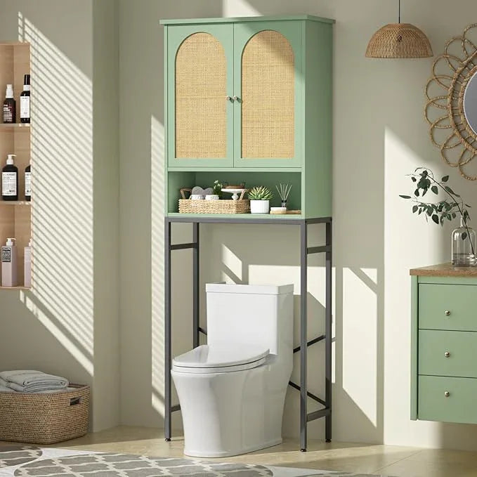 Rattan Toilet Storage Cabinet, Over The Rack Wood Cabinet with Metal Stand, Bathroom Organizer with Adjustable Shelf, Space Saving Cupboard for Small Bathrooms, Washer Shelf, Green - ModernBath