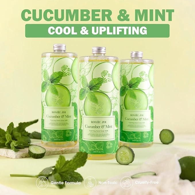 ROMIIE ZOI Foaming Hand Soap Refill Gift Set – 3 Pack (1000ML Each) with Dispenser – Cucumber & Mint Scent – Gentle & Moisturizing Plant-Based Formula – Bulk Refill Bottles for Bathroom & Kitchen Use - ModernBath