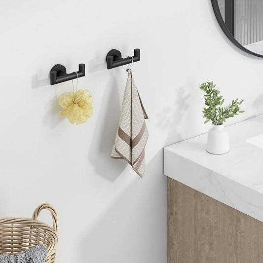 Angle Simple Double Towel Hook Matte Black 2 PCS, Stainless Steel Bathroom Robe Hook, Hand Towel Holder for Wall - ModernBath