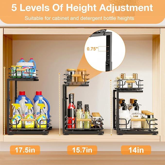 JYPS 2 Pack Under Sink Organizer, 2 Tier Pull out Under Kitchen Bathroom Sink Organizer and Storage, Metal Sliding Drawer for Cabinet Pantry Undersink Organizers Shelf - ModernBath