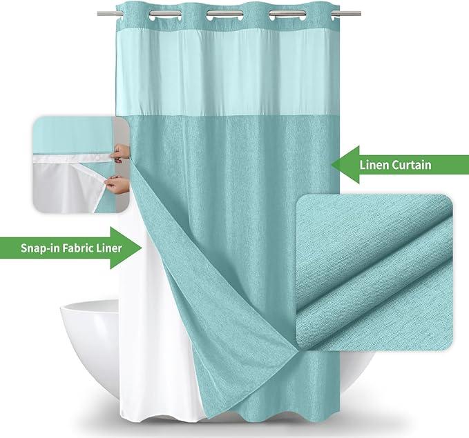 eachope Stall No Hooks Needed Linen Textured Shower Curtain with Snap-in Fabric Liner Set,Hotel Luxury Decor Farmhouse Shower Curtains for Bathroom,Waterproof & Washable,54Wx80H,Teal - ModernBath