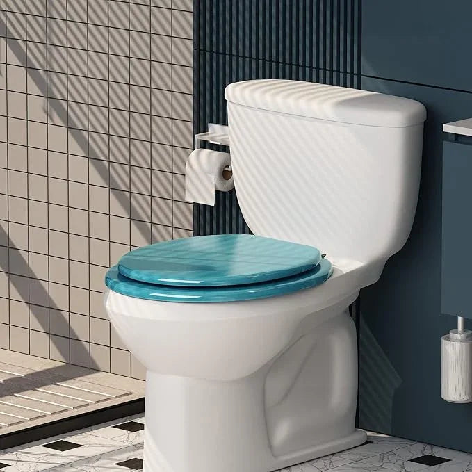 BLOFDE Round Toilet Seat Wood Toilet Seat Prevent Shifting with Zinc Alloy Hinges American Standard Size Toilet Seat Easy to Install also Easy to Clean(Round,Sparkling Sapphire Blue) - ModernBath