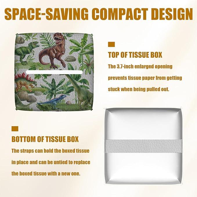 Dinosaur Tissue Box Cover 2PCS, Leather Tissue Box Holder Square Facial Paper Case Tissue Box Cube Organizer for Bathroom Bedroom Desk Office - ModernBath