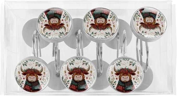 Highland Cows and Leaves Rust Proof Shower Curtain Hooks 12Pcs for Bathroom Shower Rod, Decorative Shower Hooks Shower Curtain Hanger Rings Roller, Glass, Resin, Stainless Steel - ModernBath