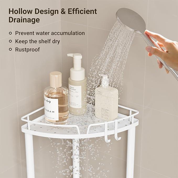 ELYKEN Corner Shower Caddy Standing, 4 Tier Rustproof Metal Shower Organizer with Soap Holder, Floor Shower Corner Shelf Rack Storage Stands with Adjustable Feet & 2 Hooks for Bathroom, White - ModernBath