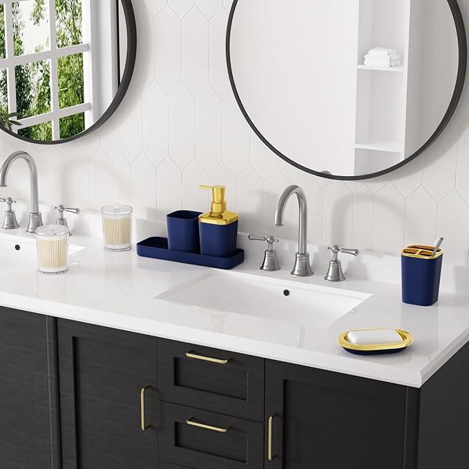 XLHOMO Navy Blue Bathroom Accessories Set, Blue and Gold Bathroom Accessories with Trash Can, Soap Dispenser, Soap Dish, Toothbrush Holder and Q-tip Holders - ModernBath