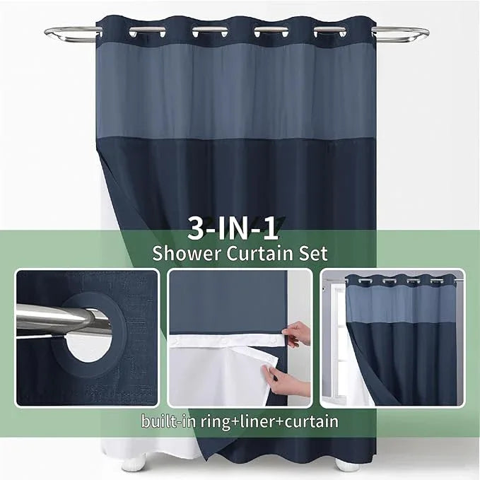 eachope No Hook Shower Curtain with Snap-in Fabric Liner Set,Slub Textured Fabric Shower Curtains for Bathroom,Hotel Style Modern Shower Curtain,Water Repellent & Washable,71x74(72),Navy Blue - ModernBath