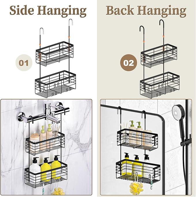 DELLAN 2-Tier Shower Hanging Caddy, Shower Rack with Hooks Over the Door, Stainless Steel Hanging Orangizer and Basket (Black) - ModernBath