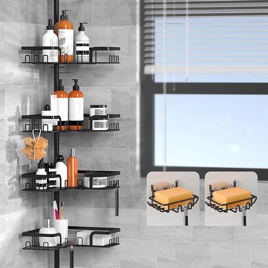 KEGII Shower Caddy Tension Pole – 4-Tier Adjustable Corner Bathroom Organizer Shelves with 2 Soap Holders, Hooks, Floor to Ceiling Storage Rack for Families & Renters, 25-114.2 Inch