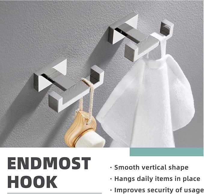 APLusee Double Robe Towel Hook Polished Chrome 2 Pack, 304 Stainless Steel Square Towel Hanger, Minimalist Coat Holder for Modern Bathroom Washroom - ModernBath