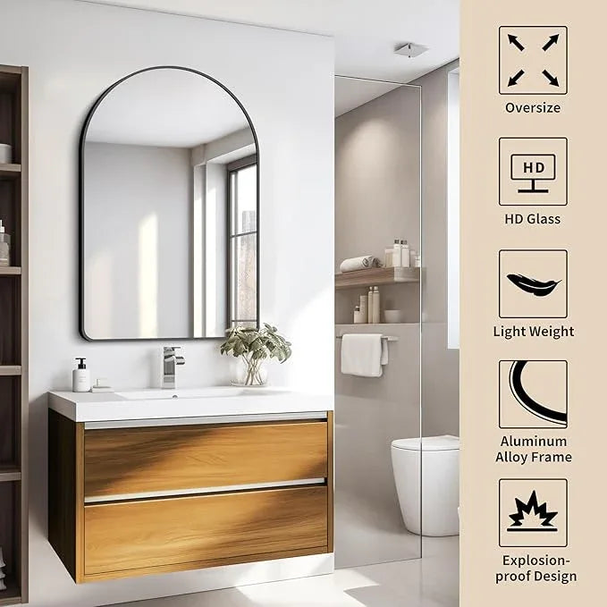 FORBATH Arched Bathroom Mirror 26x38 Inch, Bathroom Mirror Wall Mounted Modern Black Aluminum Alloy Frame Decor Dresser Mirror for Bedroom Living Room Entryway, Hanging or Leaning Against Wall - ModernBath