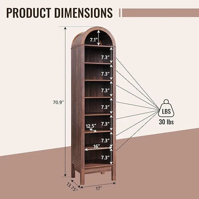 71" Tall Arched Bathroom Storage Cabinet, 8-Tier Modern Farmhouse Storage Cabinet with Adjustable Shelves, Wood Freestanding Cabinet for Bathroom, Living Room, Entryway, Hallway (Brown) - ModernBath