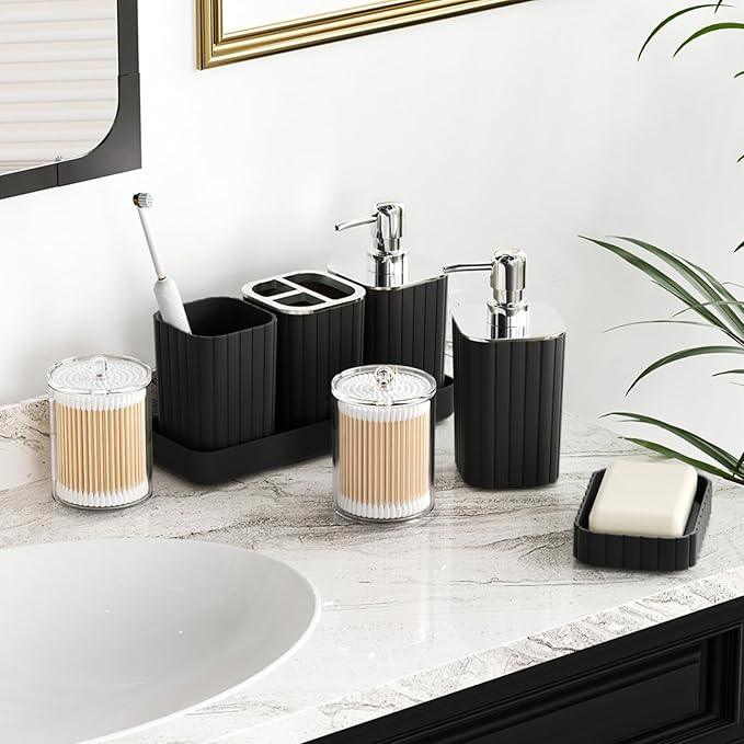 XLHOMO Bathroom Accessories Set - Gorgeous Bathroom Set, 10PC Black Bathroom Accessory Set, Toilet Brush, Trash Can, Qtip Holder Dispenser & Soap Dispenser - ModernBath