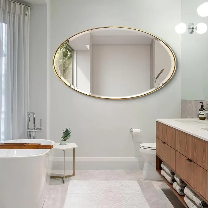 POZINO Brushed Gold Beveled Mirror, 28"x48" Large Brass Oval Mirrors, Bathroom Mirror for Over Sink, Modern Rounded Vanity Wall Mirrors in Premium Stainless Steel Frame, Hangs Horizontal Or Vertical - ModernBath