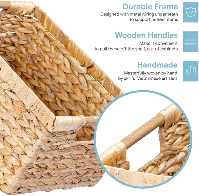 VATIMA Large Rectangular Wicker Basket with Wooden Handles for Shelves and Storage - Natural Water Hyacinth Basket for Organizing, 14.5 x 10.3 x 7.5 inches - ModernBath