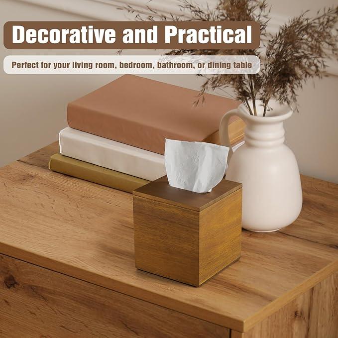 Dreamkey Acacia Wood Tissue Box Cover, Square Tissue Box Holder with Removable Top Lid, Solid Wooden Tissue Box Dispenser for Bathroom, Bedroom, Office - ModernBath