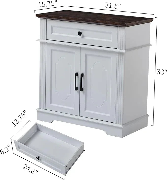 White Farmhouse Storage Cabinet with 2 Doors and 1 Drawer, Adjustable Shelf, Freestanding Kitchen Pantry Cabinet, Modern Buffet Sideboard Coffee Bar Cabinet Living Room Bathroom Dining Room - ModernBath