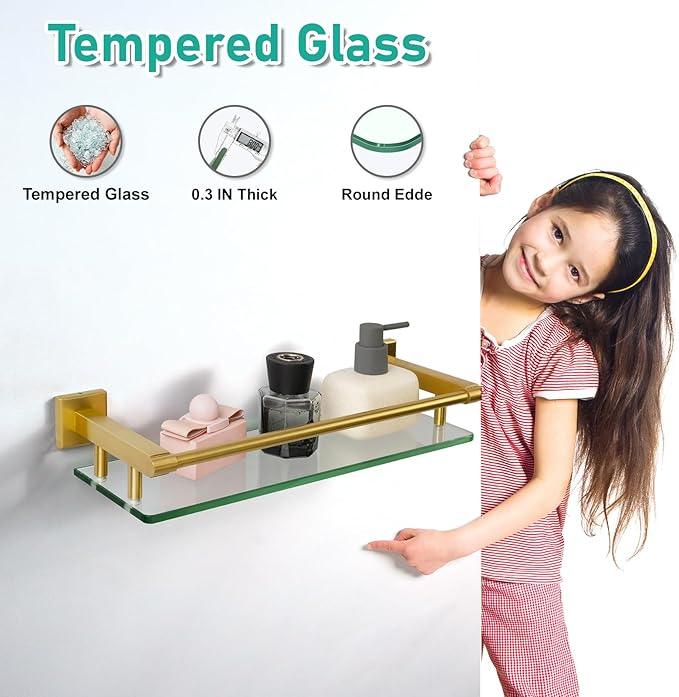 16 Inch Brusheld Gold Bathroom Glass Shelves with Stainless Steel Railing, Tempered Floating Glass Modern Decoration Bathroom Shelf Sink Over Toilet - ModernBath