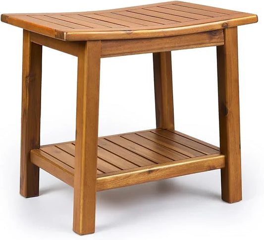 Upolana Teak Shower Bench, 20" Solid Wood Shower Stool Waterproof Shower Seat with Storage Shelf for Bathroom, Indoor & Outdoor Use - ModernBath