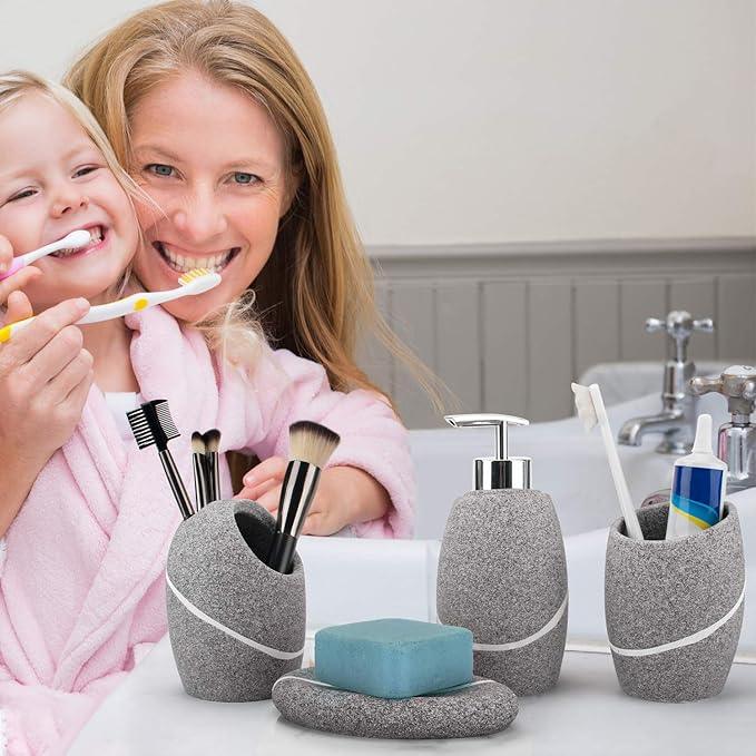 Bathroom Accessory Set,4 Pieces Bathroom Decor Accessories Complete Set Vanity Countertop Accessory Set,Includes Bathroom Soap Dispenser Set,Toothbrush Holder Set,Tumbler,Soap Dish,Grey Granite - ModernBath