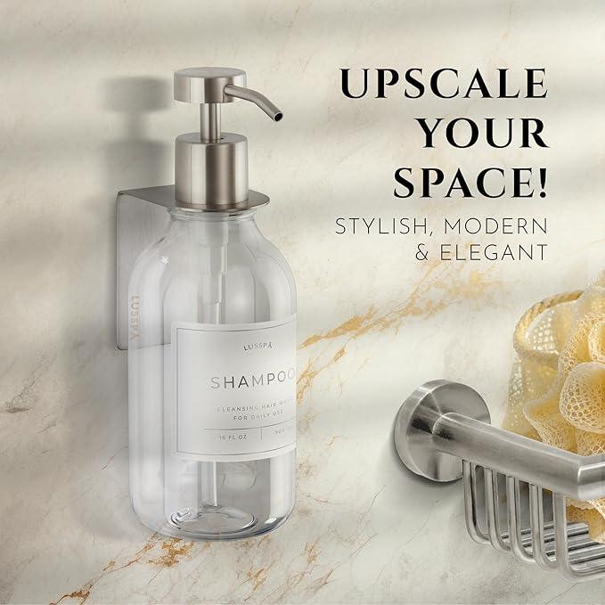 Shampoo & Conditioner Dispenser - Shower Soap Dispenser Wall Mounted - 16.9 Oz Plastic Bottle with Pump & Holder - Shampoo Dispenser - Shower Dispenser Chamber No Drill (1 X Clear/Silver) - ModernBath