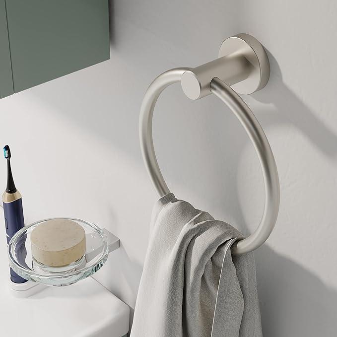 Brushed Nickel Towel Ring, Hand Towel Holder for Bathroom Kitchen Modern Rounded Base Wall Mount SUS304 Stainless Steel - ModernBath
